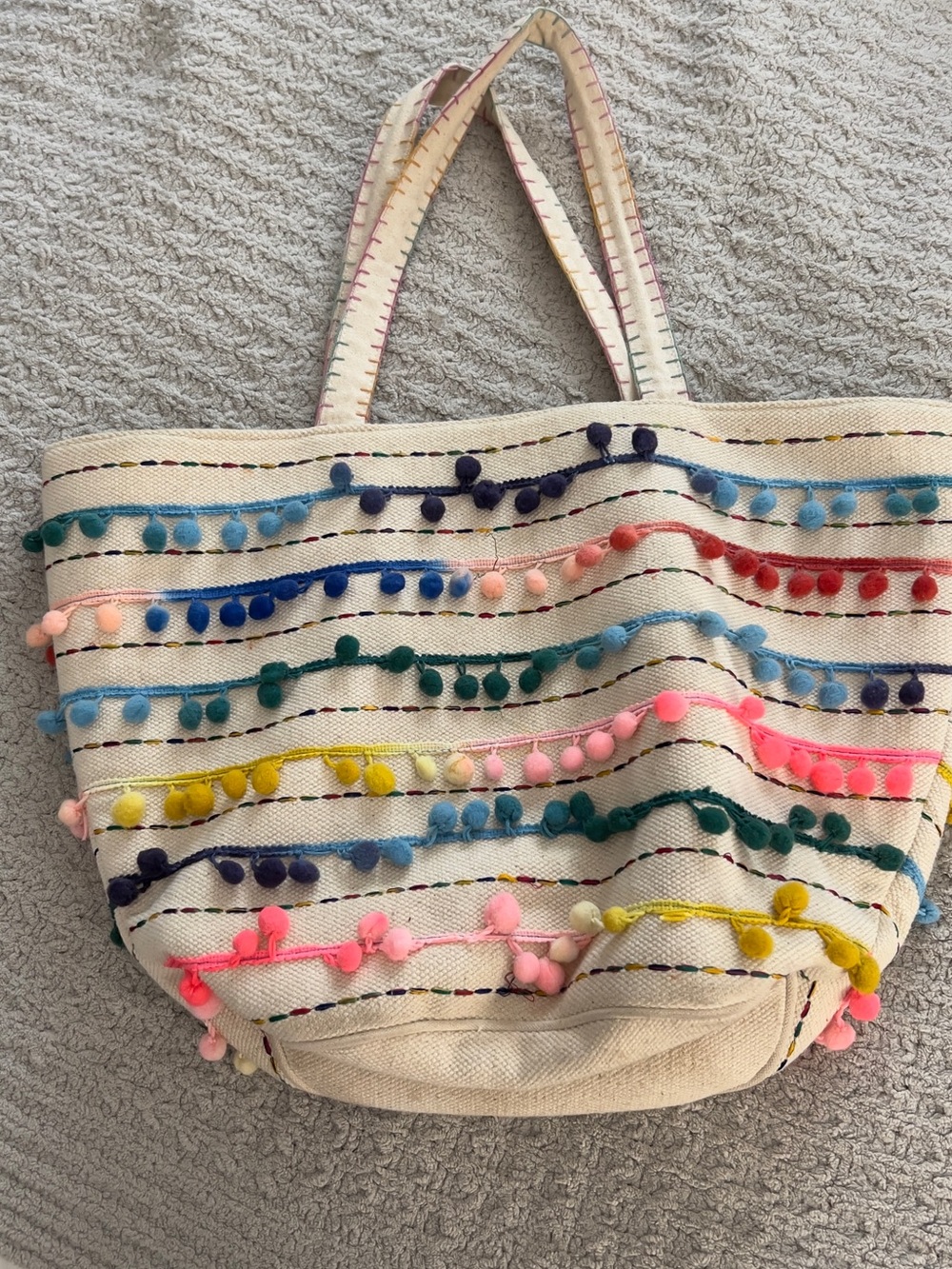 Multicolor Pom-Pom Stripe Canvas Tote